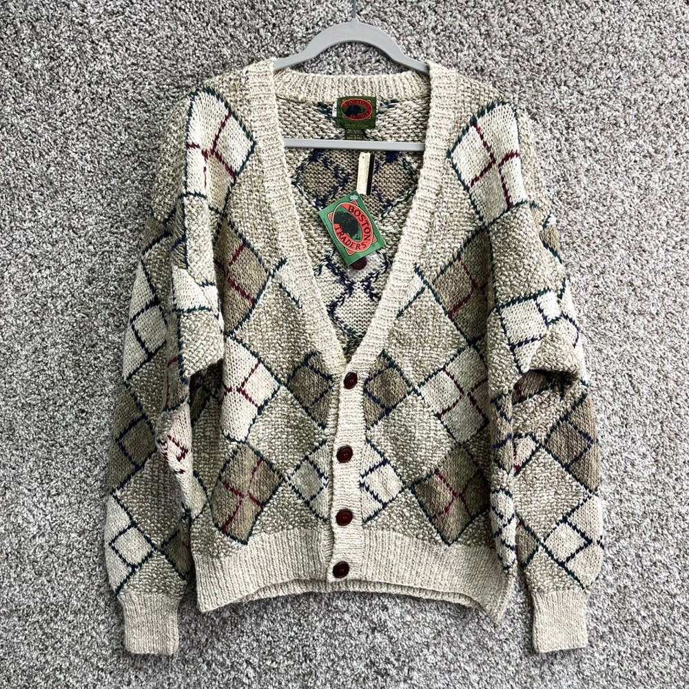 Boston Traders Cardigan Sweater Men's XL Limited Edition Argyle Linen Blend NWT